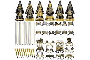 Gemscream 120 Pcs New Years Eve Party Supplies 2026 for 24 Guests 2026 Glasses Happy New Year Headband Paper Cone Hats Noise Makers Bead Necklace Party Favor Supplies(Black Gold,Cute Style)