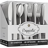 Exquisite Silver Plastic Silverware Heavy Duty 160 Pcs- 80 Silver Plastic Forks Heavy Duty, 40 Spoons & 40 Knives - Disposable Silverware Set, Flatware Sets Disposable Utensils For Catering & Parties