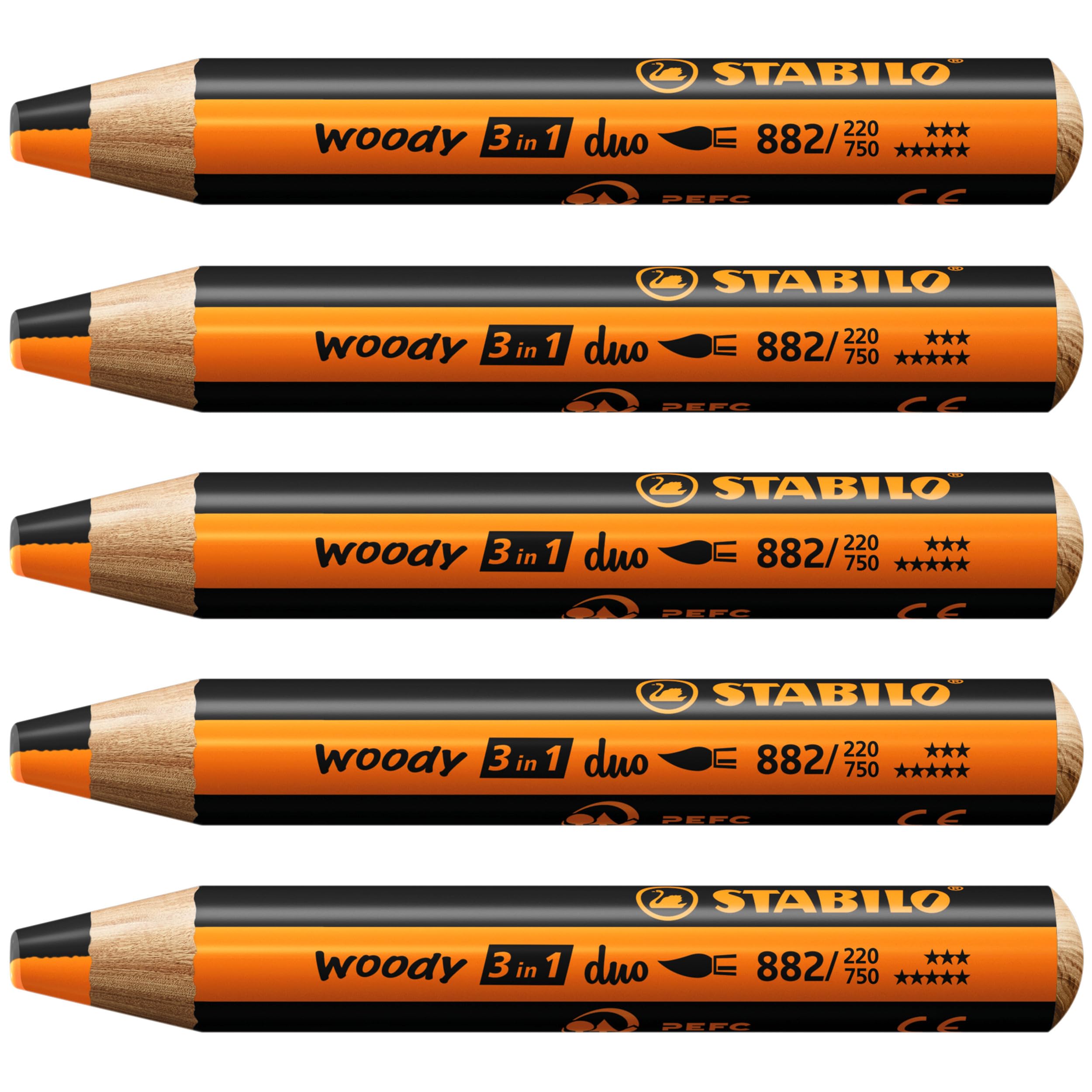 STABILO woody 3-in-1 duo - Multi-Talented Pencil - Pack of 5 - Orange/Black