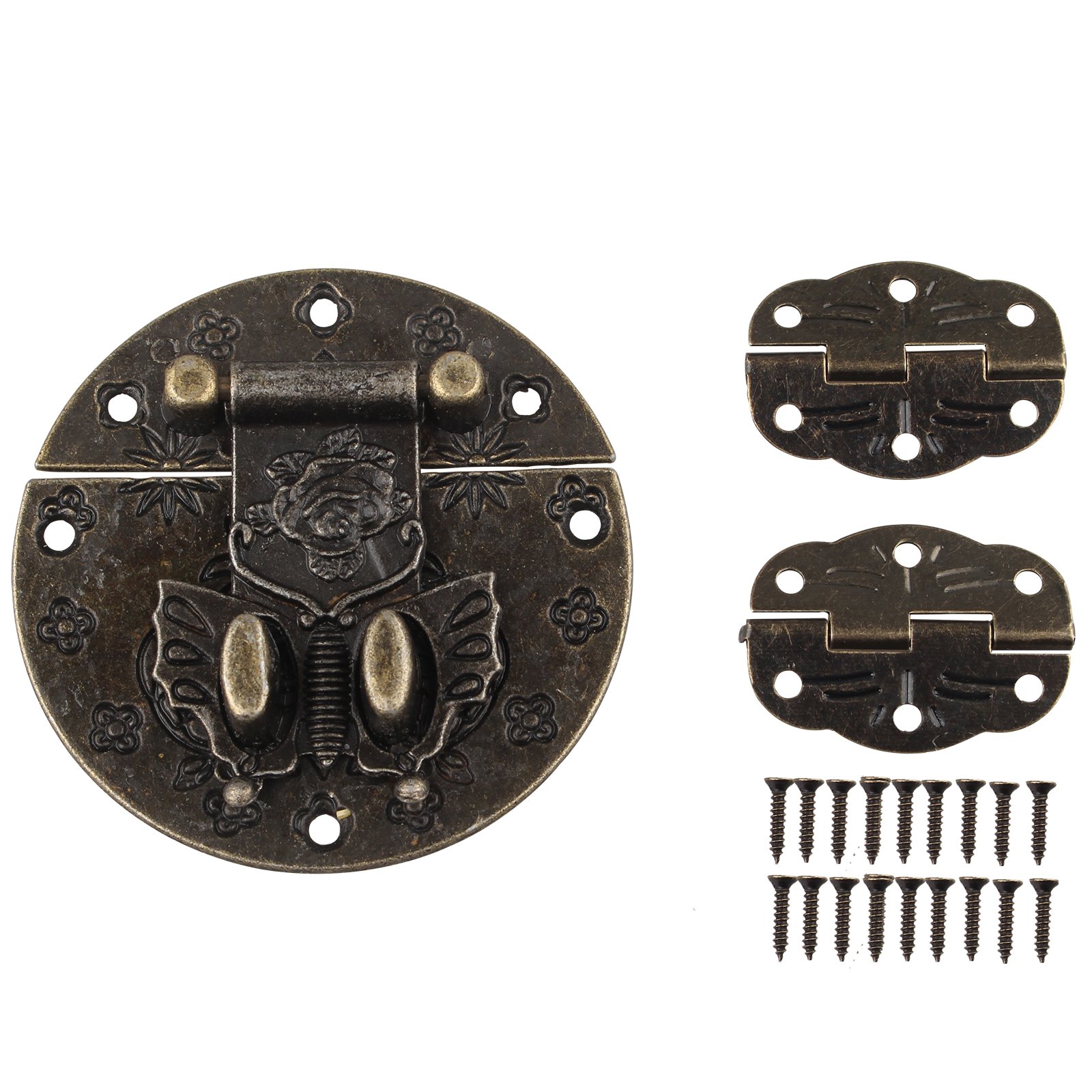 HALJIA Antique Retro Design Furniture Decorative Cabinet Jewelry Box Latch Hasps Lock and 2pcs Hinges with Screws Bronze Color