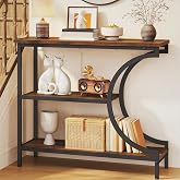 Hoctieon Console Table, 3-Tier Industrial Entryway Table with Storage, Hallway Tables, Narrow Entrance Sofa Tables, C-Shaped Metal Frame, Accent Tables with Shelves for Living Room, Rustic Brown
