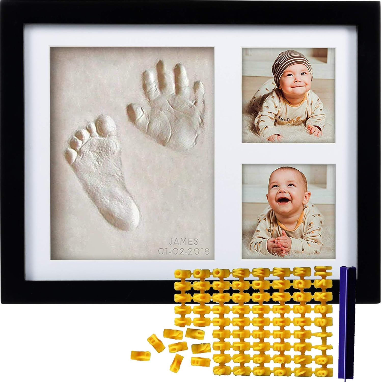 Co Little Baby Handprint & Footprint Kit (Date & Name Stamp) Clay Hand Print Picture Frame for Newborn - Best New Mom Gift - Foot Impression Photo Keepsake for Girl & Boy - White Feet Imprint Mold
