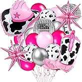 Hungdao 23 Pcs Cowgirl Theme Party Balloons Set Cow Print Cowgirl Hat Boot Pink Silver Star Balloons Ribbon for Western Theme Decorations Retro Horse Rodeo Party Supplies(Classic)