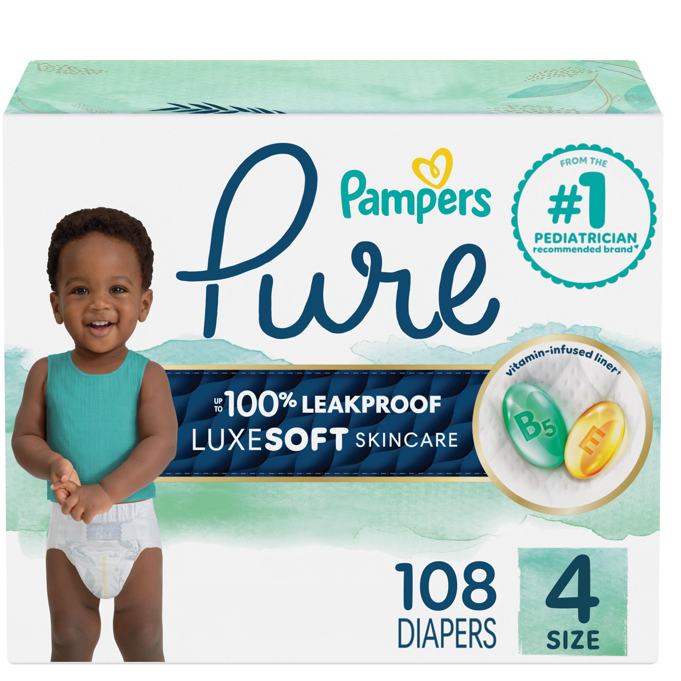 Photo 1 of Pampers Pure Protection Baby Diapers, Size 4 (22-37 lbs), 108 Count, Up to 100% Leakproof, Premium Plant-Based Skin Protection, Hypoallergenic Soft Diapers
