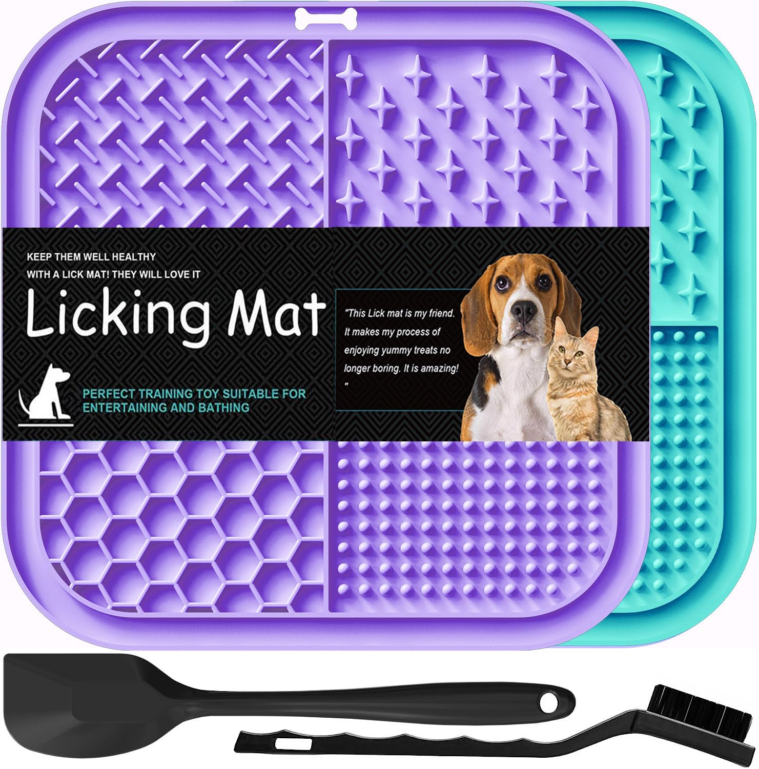 Lesipee Licking Mat for Dogs & Cats 2 Pack, Slow Feeder Lick Pat, Anxiety Relief Dog Toys, Butter Yogurt Peanut, Pets Supplies Bathing Grooming Training (Cyan&Purple)
