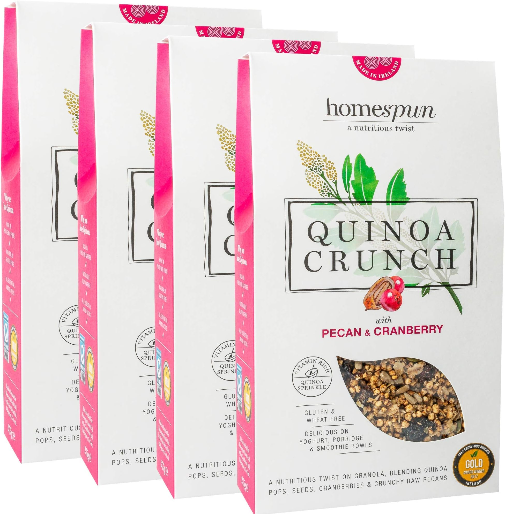 Quinoa Crunch - Luxuriously Nutritious Granola - Pecan & Cranberry - No Gluten - Suitable for Coeliacs - 4 x 275g - by Homespun