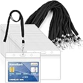 30Pcs Clear Plastic Horizontal Name Tags Badge ID Card Holders and 30Pcs Black Flat Neck Lanyards with Swivel Hook
