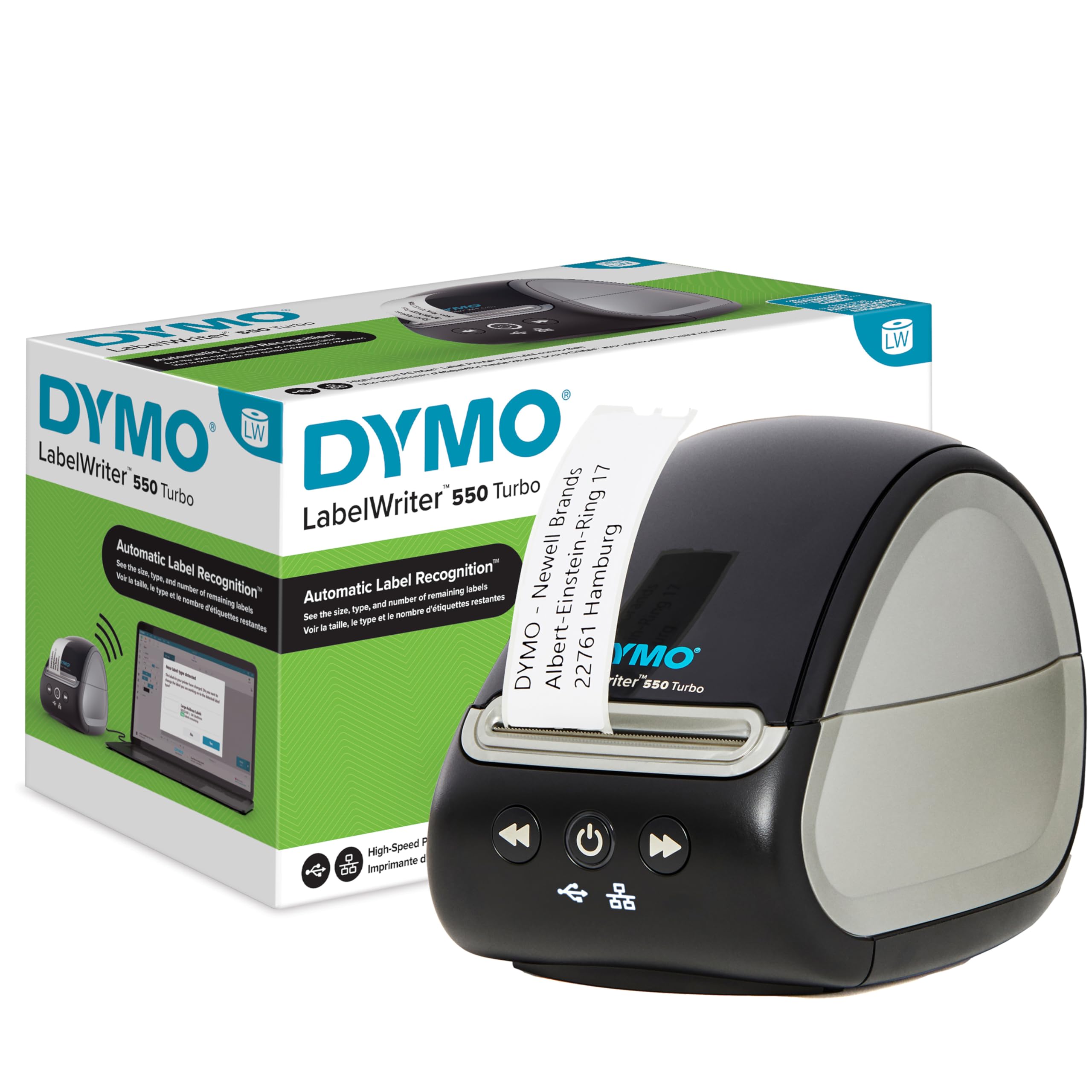 Dymo LabelWriter 550 Turbo Label Printer | Label Maker with High-Speed Direct Thermal Printing | Automatic Label Recognition | Prints Shipping Labels & More with USB/LAN Connectivity | EU 2 Pin Plug