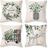 ONWAY Spring Farmhouse Pillow Covers 18x18 Set of 4 Buffalo Plaid Floral Truck Pillowcases Home Sweet Home Bloom Flower Home Decor Eucalyptus Leaves Cushion Cases for Couch Sofa Patio Balcony
