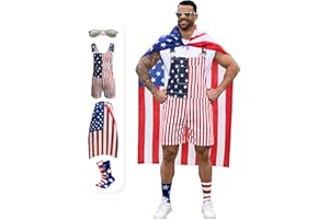 Bindefon American Flag Overalls Men,4th of July Cape,USA Sunglasses,Patriotic Socks,4 Pcs for Independence Labor Day