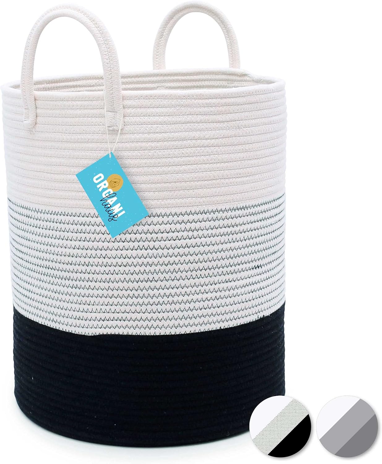 amazon storage baskets on Amazon Com Organihaus Xl Cotton Rope Basket In Black And Off White With Stitches Tall 15x18 Storage Basket With Long Handles Decorative Black And White Extra Large Baskets For Blankets Home