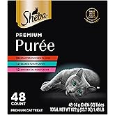 Sheba Premium Puree Lickable Cat Treats, Chicken, Salmon &amp; Tuna, 48 Count | Real meat and bone broth, grain-free, squeezable, no corn/wheat/soy, no artificial flavors, creamy texture, 0.49 oz. tubes