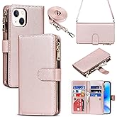 iCoverCase Compatible with iPhone 14 Crossbody Case with Strap for Women, Wallet Phone Case with Card Holder, Zipper Purse PU Leather Flip Cover Case 6.1 Inch (Rose Gold)