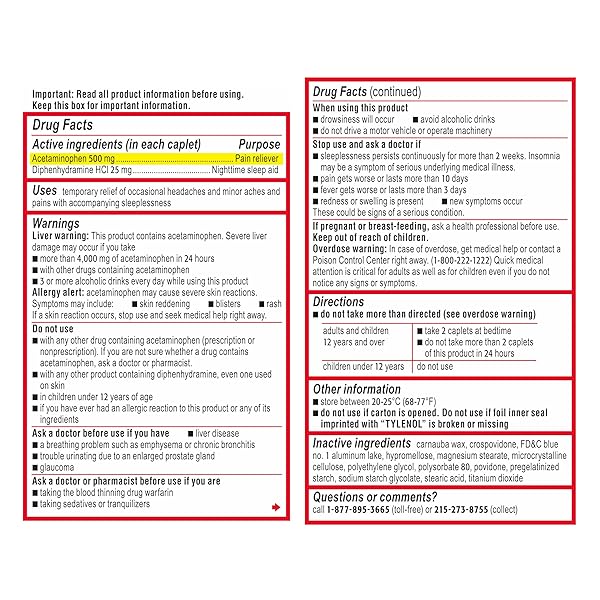 TYLENOL PM EXTRA STRENGTH NIGHTTIME PAIN RELIEVER & SLEEP AID CAPLETS, 500 MG ACETAMINOPHEN & 25 MG DIPHENHYDRAMINE HCL, RELIEF FOR NIGHTTIME ACHES & PAINS, NON-HABIT FORMING, 150 CT