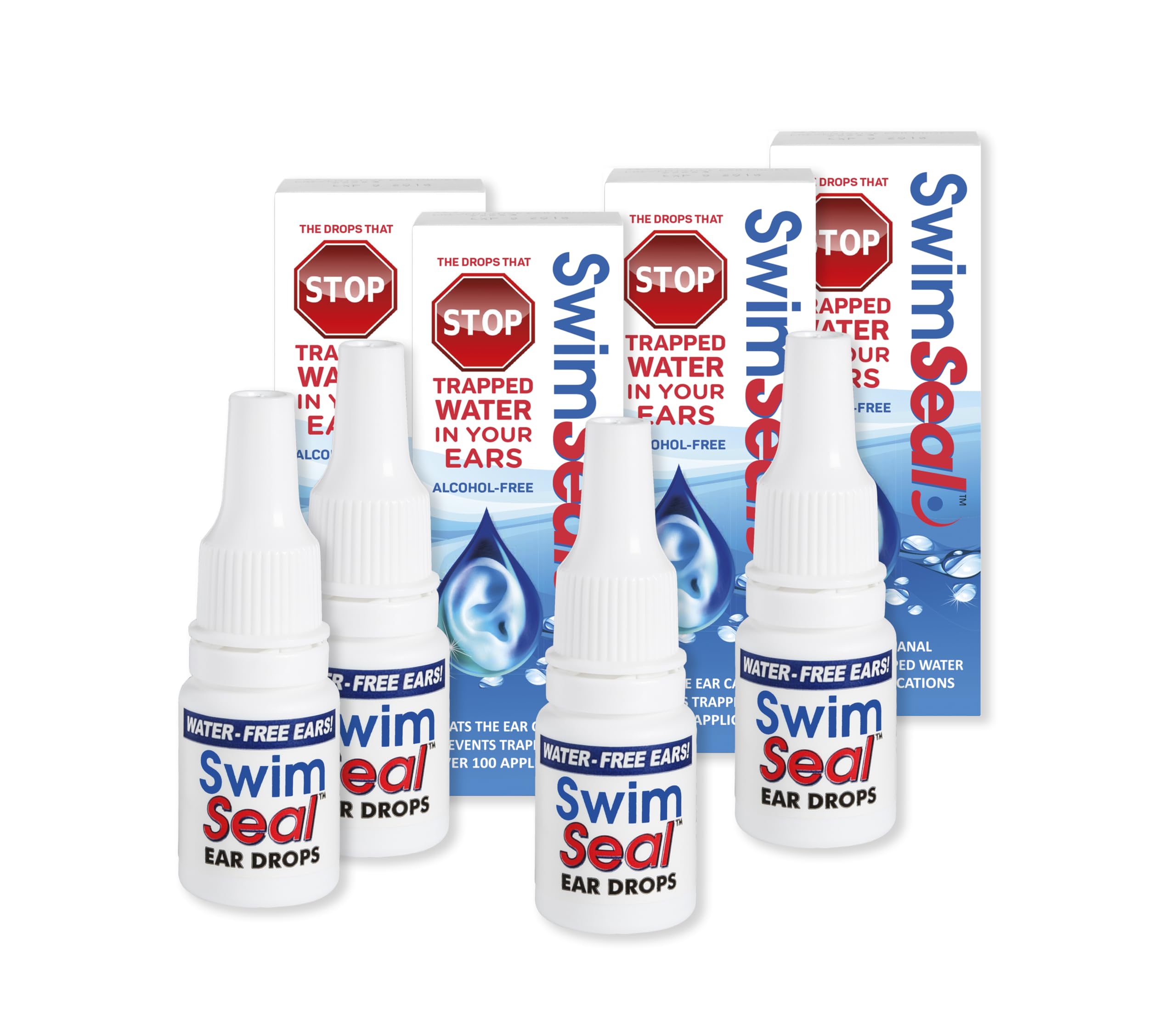SwimSeal Family 4-Pack All Natural Protective & Ear Clearing Drops for Daily Use Rather Than Alcohol Drops or Earplugs. Avoids Earache from Swimming, Scuba, Diving, Surfing & Triathlons for All Ages
