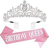 Velscrun Birthday Queen Tiaras Crown for Women, Queen Tiara for Mom, Girls Princess Crowns for Women, AB Rhinestones Birth Crown Headband Birth Sash, 50th Birthday Prom Party Decorations