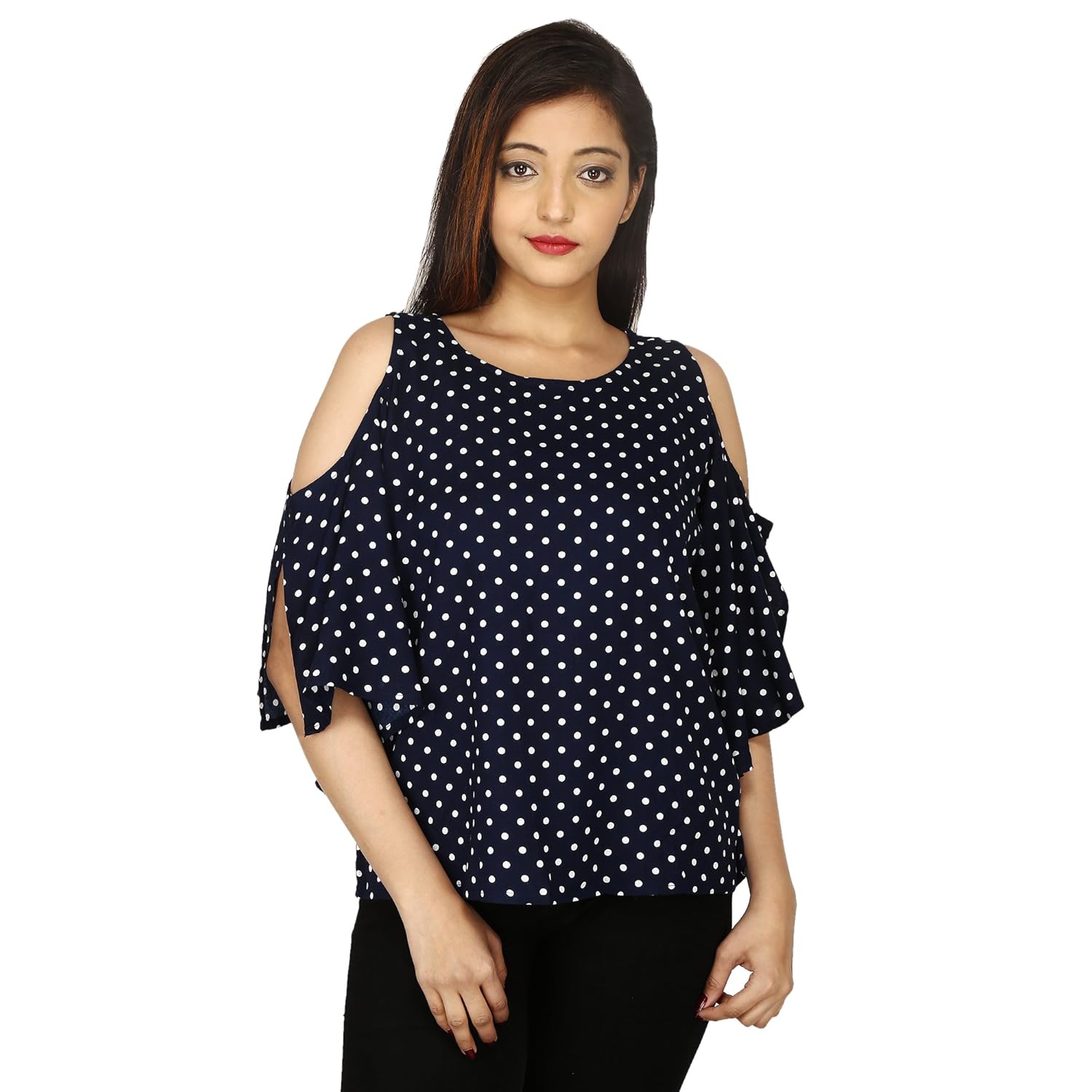 amayra women's navy blue printed cold shoulder long sleeves polka dotes top
