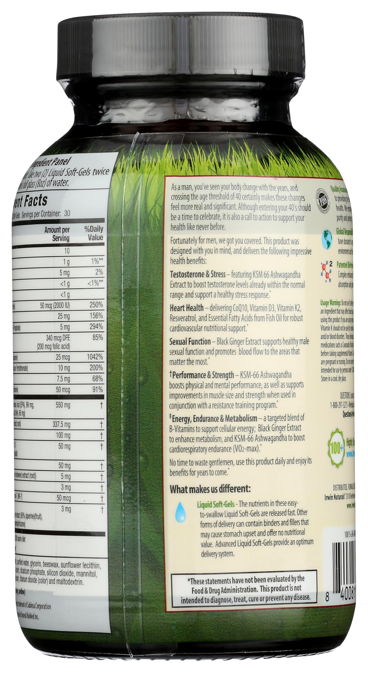 Irwin Naturals Energy '&' Endurance Testosterone Up Men Over 40 60 Sgels