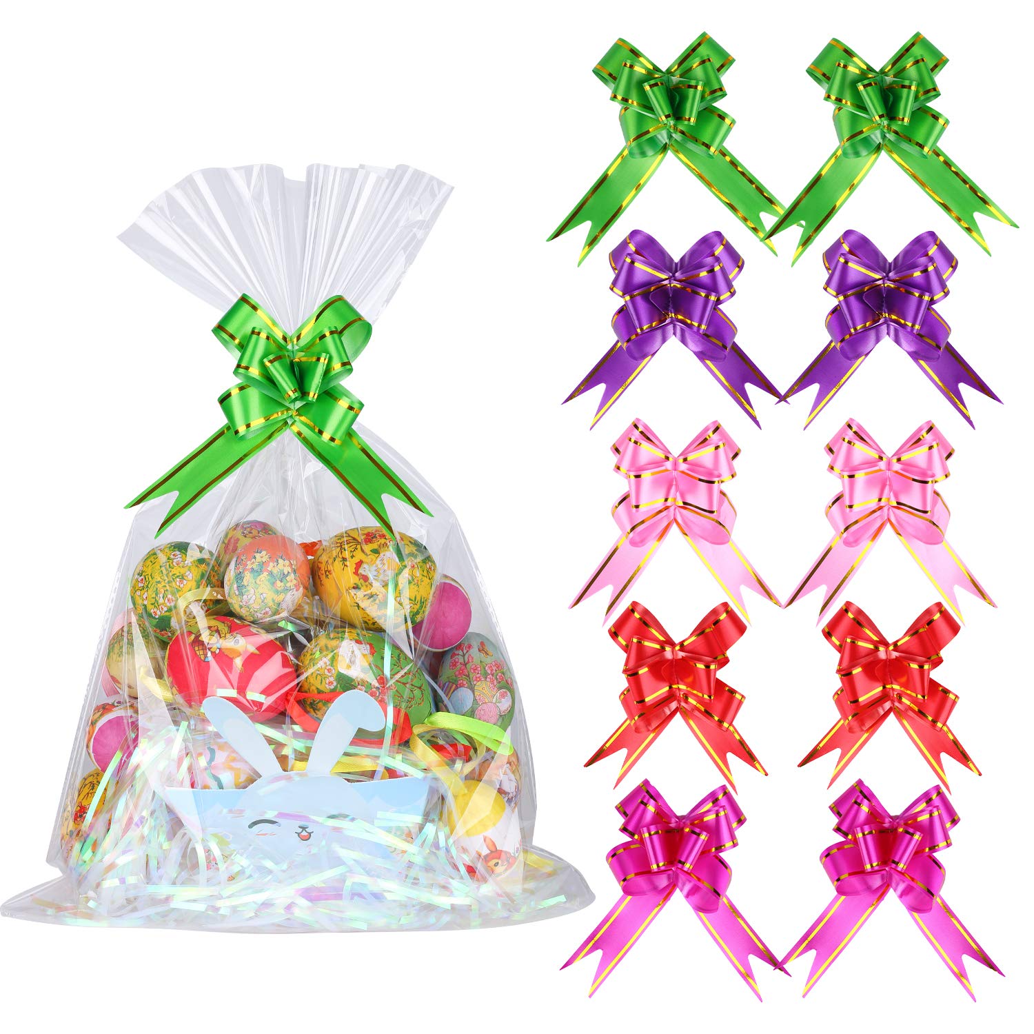 Kolewo4ever 40pcs Easter Clear Cellophane Bags Pull Bow Set 12x18 Inch Cellophane Wrap with 20pcs Pull Bows