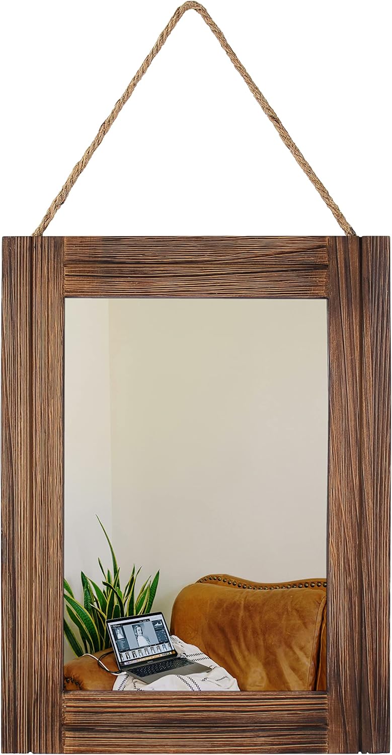 Mirrors - Emaison 16 X 12 Inch Rustic Wood Framed Wall Mirror with Hanging Rope for Farmhouse Decor, for Entryway, Bedroom, Bathroom, Dresser, Brown