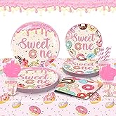 LXlucktim Donut Birthday Party Supplies for 1 Year Old Girl, 202 Pcs Sweet One Party Decorations for Girls Baby - Table Cover, Plates, Cups, Napkins, Utensils, Serves 25 Guests