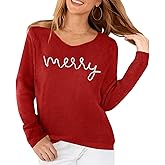 Christmas Sweaters Women Merry Letter Embroidery Hollow Out Knit Long Sleeve Shirt Holiday V Neck Crochet Pullover Top