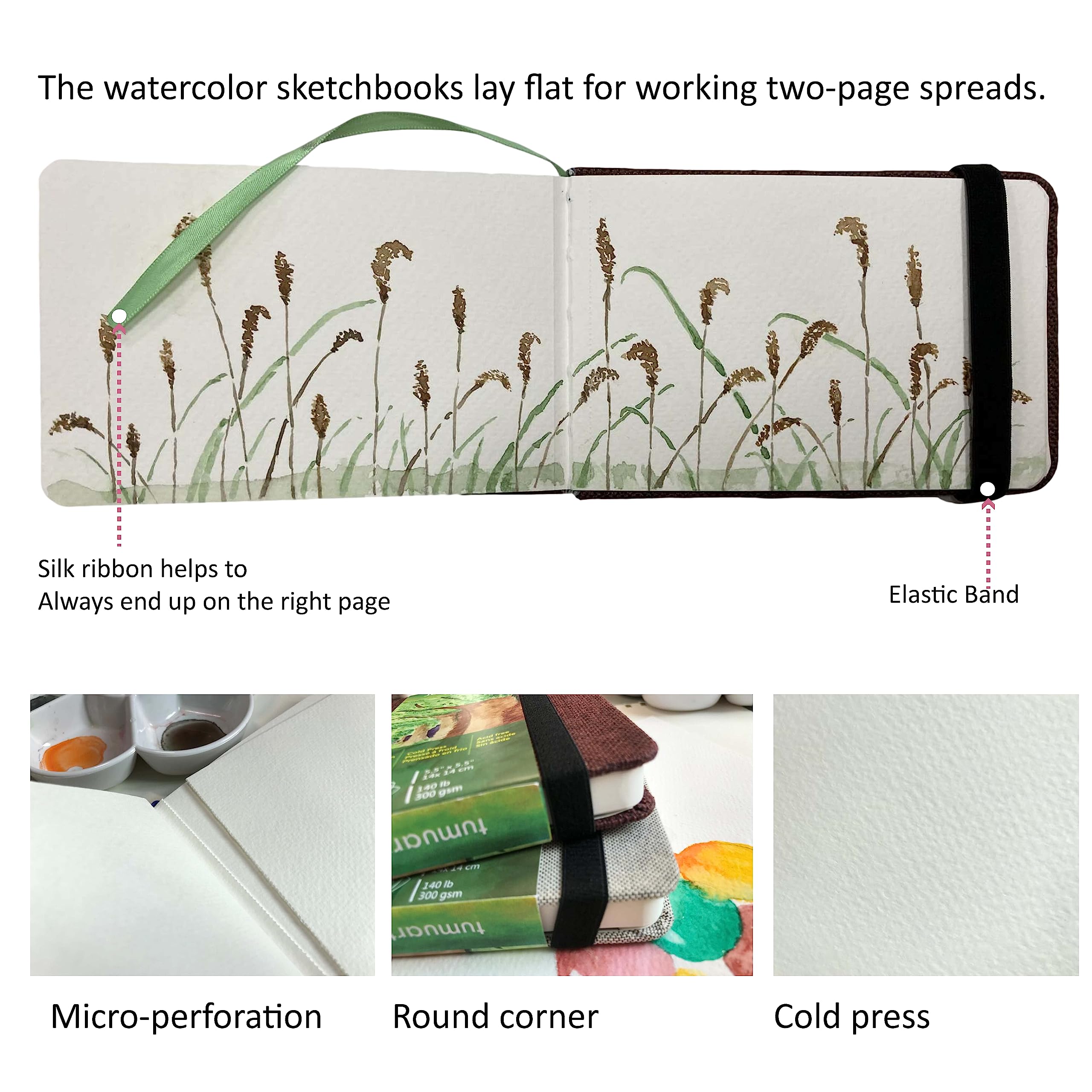 tumuarta Watercolor Journal, 3.5x5.5”, 140 LB, 300 GSM, Cotton Paper, Cold Press, 24 Sheets, 48 Pages, Watercolor Sketchbooks for Use As Travel Notebook Mixed Media Pad On The Go
