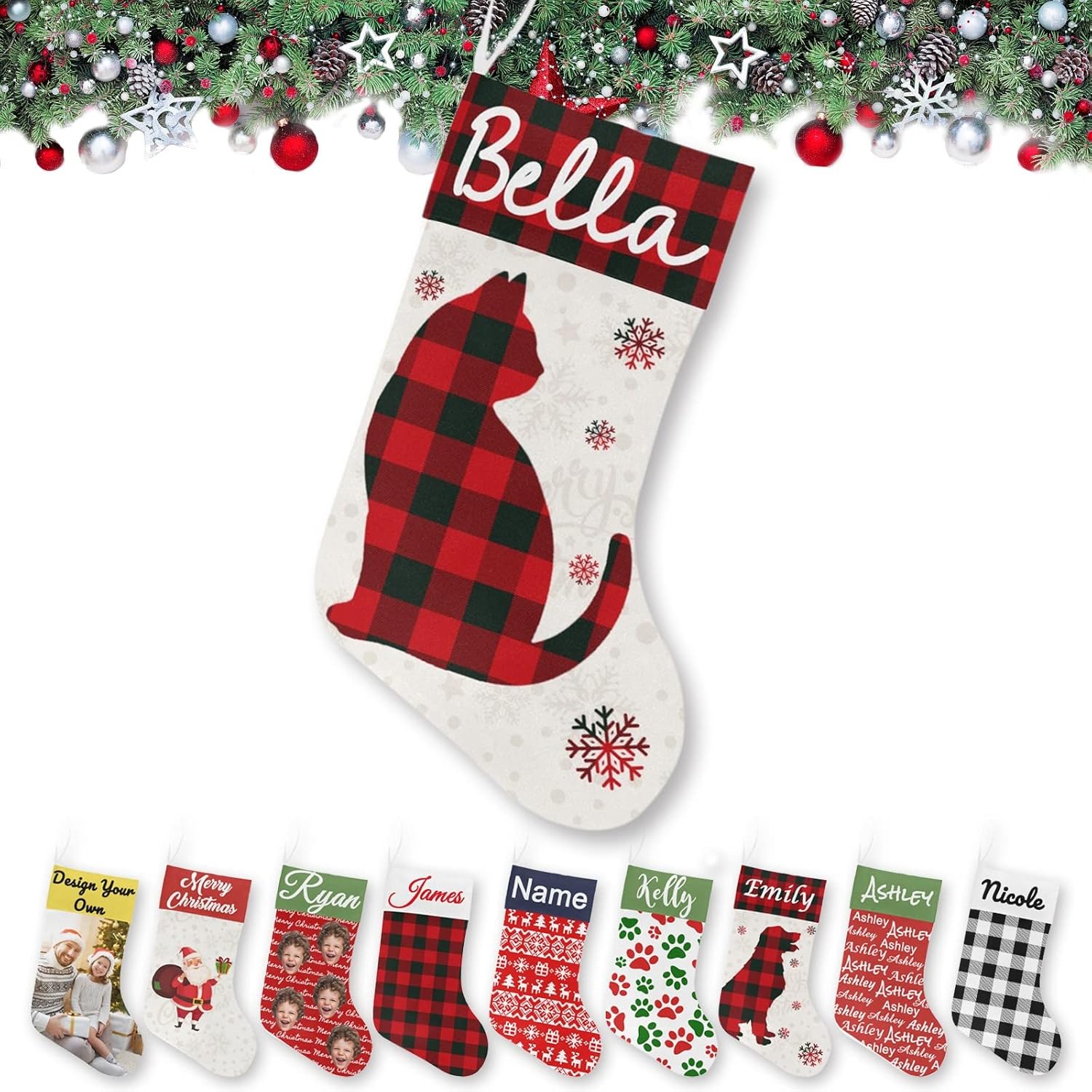 Stockings & Holders - Boffihuxaw Personalized Christmas Stockings Custom Family Stockings with Name Customized Xmas Holiday Decor, Cat Pattern