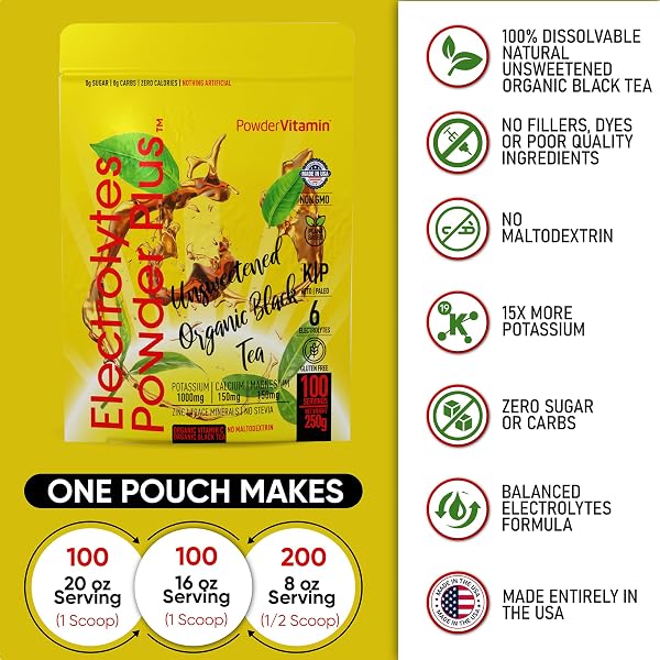 POWDERVITAMIN ELECTROLYTES POWDER PLUS (100 SERVINGS) UNSWEETENED BLACK TEA ELECTROLYTE POWDER KETO,SUGARFREE,PINK HIMALAYAN SALT,1000MGPOTASSIUM,150MGCALCIUM,150MGMAGNESIUM,HYDRATION POWDER NO STEVIA