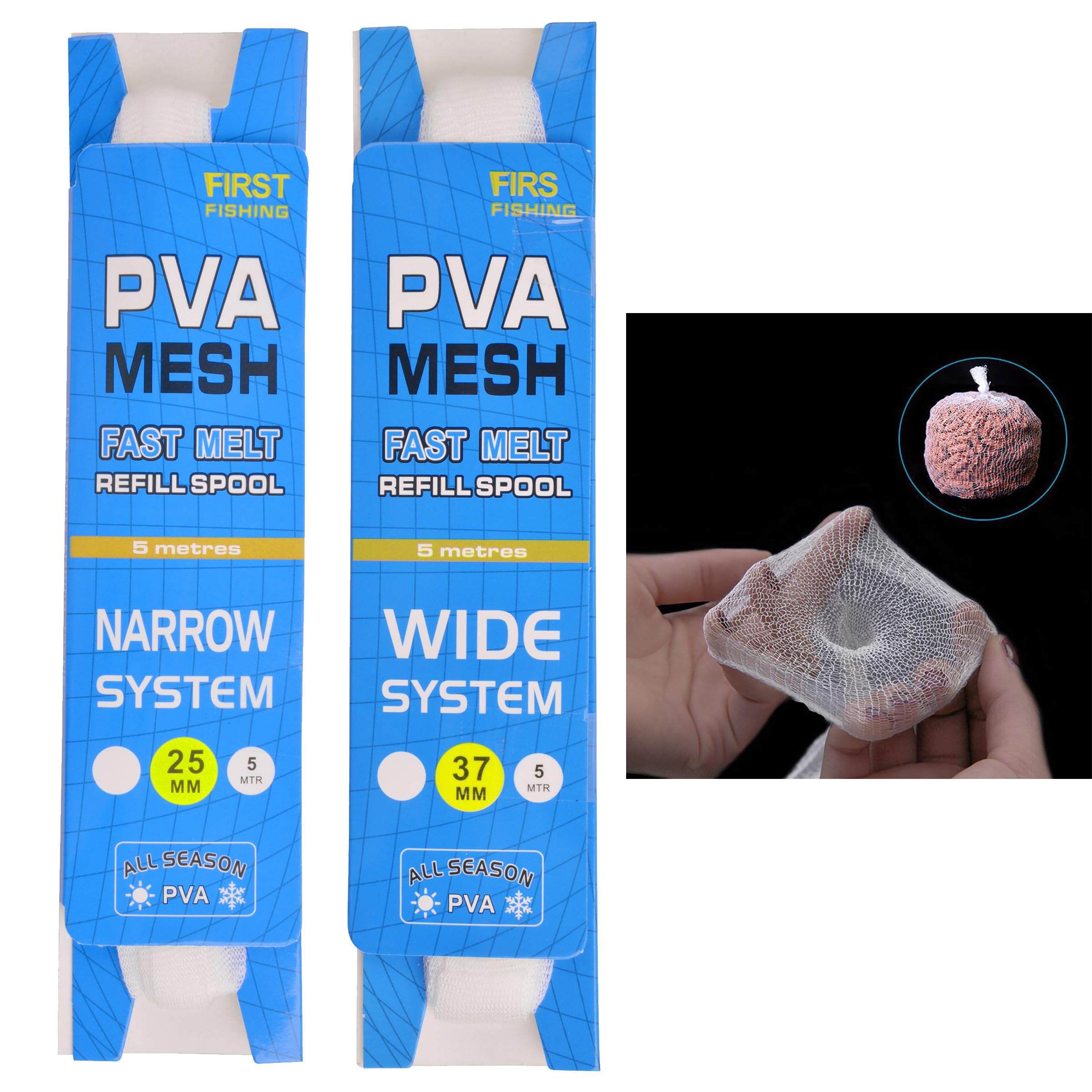 OROOTL PVA Mesh Carp Fishing Refill, 25mm/37mm 5M Refill Carp Fishing Stocking Rig Wide Pva Mesh Bag Carp Fishing Accessories with Funnel & Plunger System for Boilie, Bait, Feeding