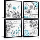 HOMEOART Floral Wall Art Flower Painting Bathroom Wall Art Bedroom Wall Decor, Set of 4, Black Frame 12x12inchx4Pieces (Turquoise)