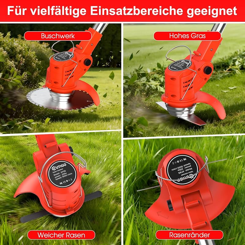Akku-Rasentrimmer mit 2 * 21V Akku, 4 Messer, dreifach klappbarer Mäher, Rasenmäher, Akku-Gartenmäher für Rasen, Sträucher und Büsche. (Orange-FBA) — Foto 6 von 8