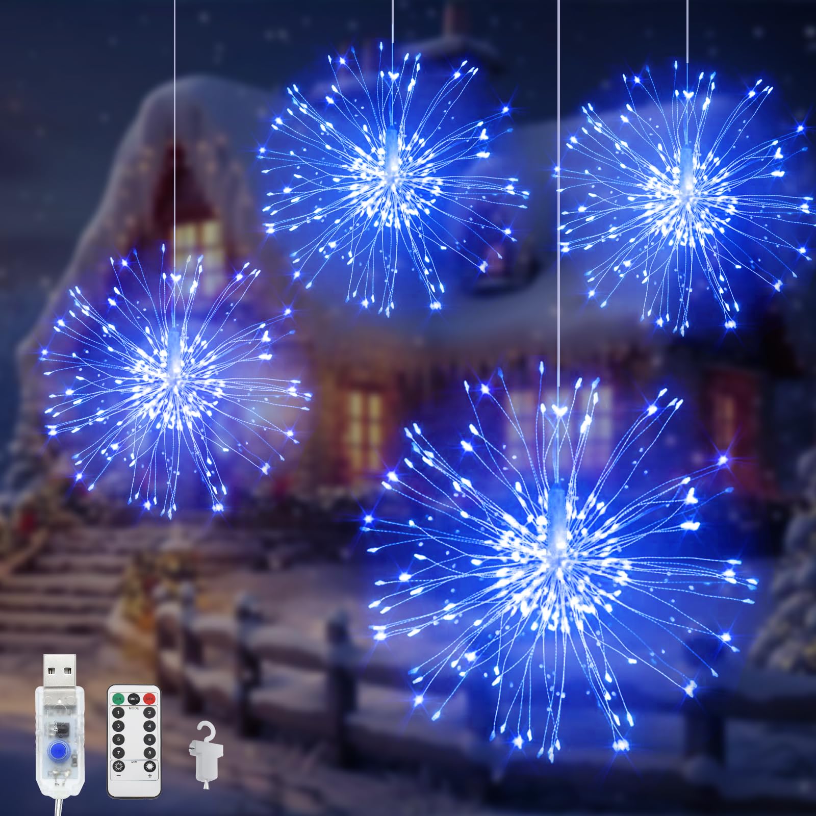 Acxilexy 4 Pack Fireworks, 480 LEDs USB Powered Hanging Lights with 8 Modes, Waterproof, Remote Control, Copper Wire Hanging Lights for Garden Yard Tree Decor — image 1