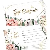 Zonon 100 Pcs Blank Gift Certificates with Gold Floral for Business | 4.8x2.4'', Double Sided Floral, Blank Fillable Salon Spa Restaurant Retail, Client Appreciation Rewards, Birthday Wedding