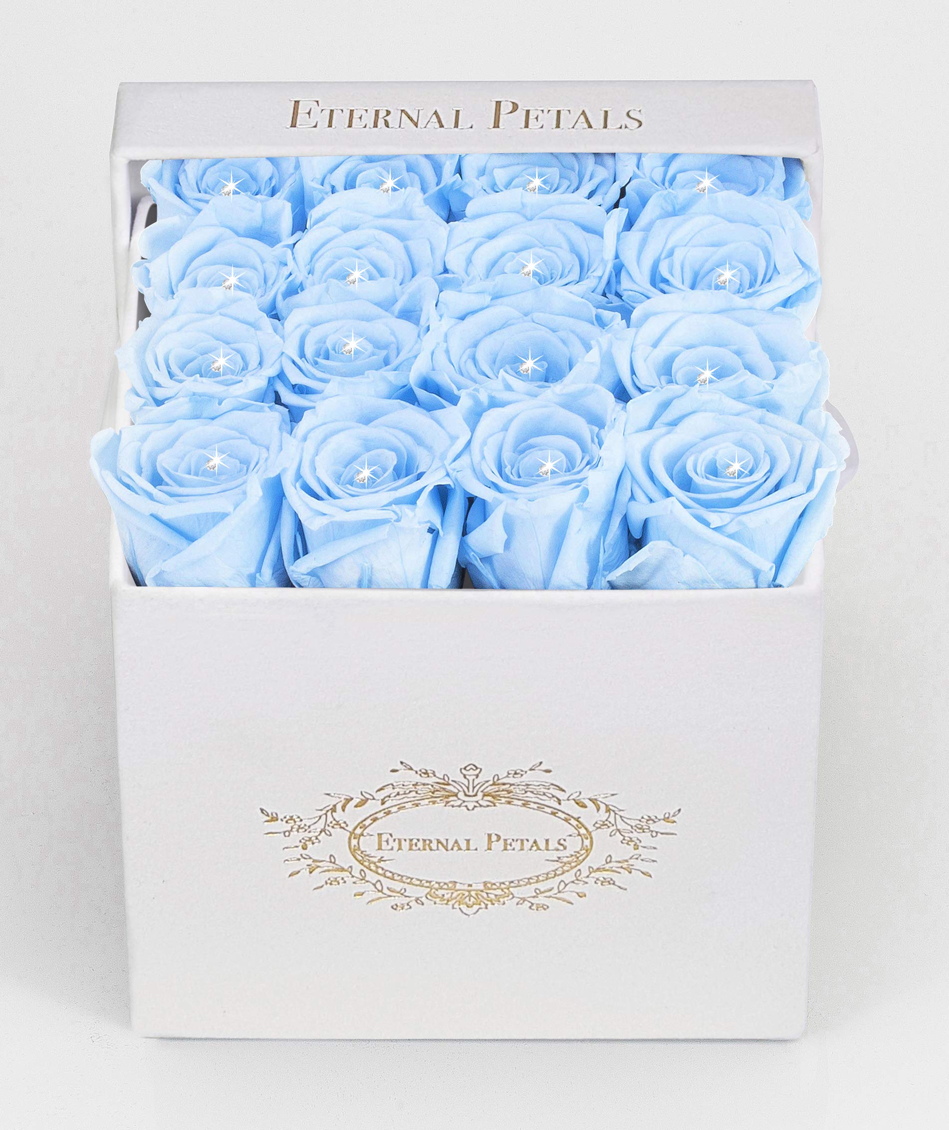 Eternal Petals Real Roses That Last A Year - 16 roses in a White Flower Box with 16 Crystals (Light Blue)