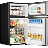EUHOMY 3.2 Cu.Ft Mini Fridge with Freezer, 2 Door Mini Refrigerator, Silver | LED Light, Adjustable Temperature, Adjustable Shelves, Reversible Door, Compressor Cooling, Low Noise, Bedroom Use, Dorm Use