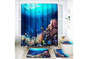 ArtSocket Underwater Coral Reef Bathroom Set with Shower Curtain and Rugs Accessories Ecosystem Life Tropical Shower Curtain Set Water Ocean Fish Marine Aquatic Sea Bathroom Decor 4 Pcs
