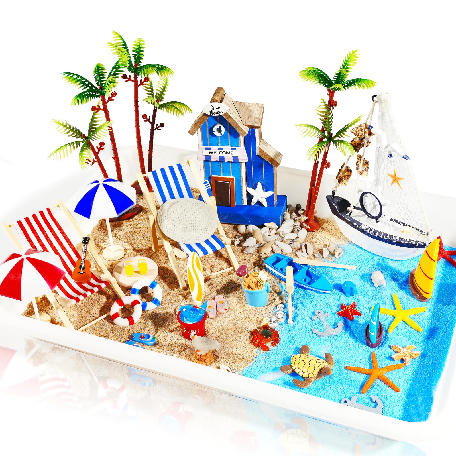 Photo 1 of 42 Pcs Miniature Summer Beach Accessories Ocean Diorama Supplies Sand Box Beach Theme Cake Decorations Sea Animal Figurines Shell Cake Topper Party Gifts Diorama Projects