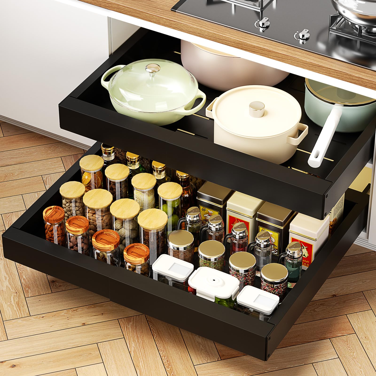 Bifixia 4-Pack Expandable Cabinet Organizer - Pull-Out Drawers, Adjustable Width, Fits 21" Deep Cabinets