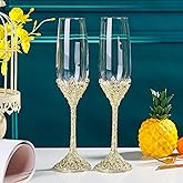 Hanjue Champagne Flutes Set of 2, Champagne Glasses with Rhinestones, Idel Gift for Wedding Anniversary Party Birthday Christmas, 7 Oz Reuseable Crystal Champagne Flutes Pair (Gold)