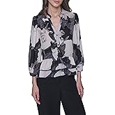 Karl Lagerfeld Womens Long Sleeve V-Neck Floral Printed Blouse