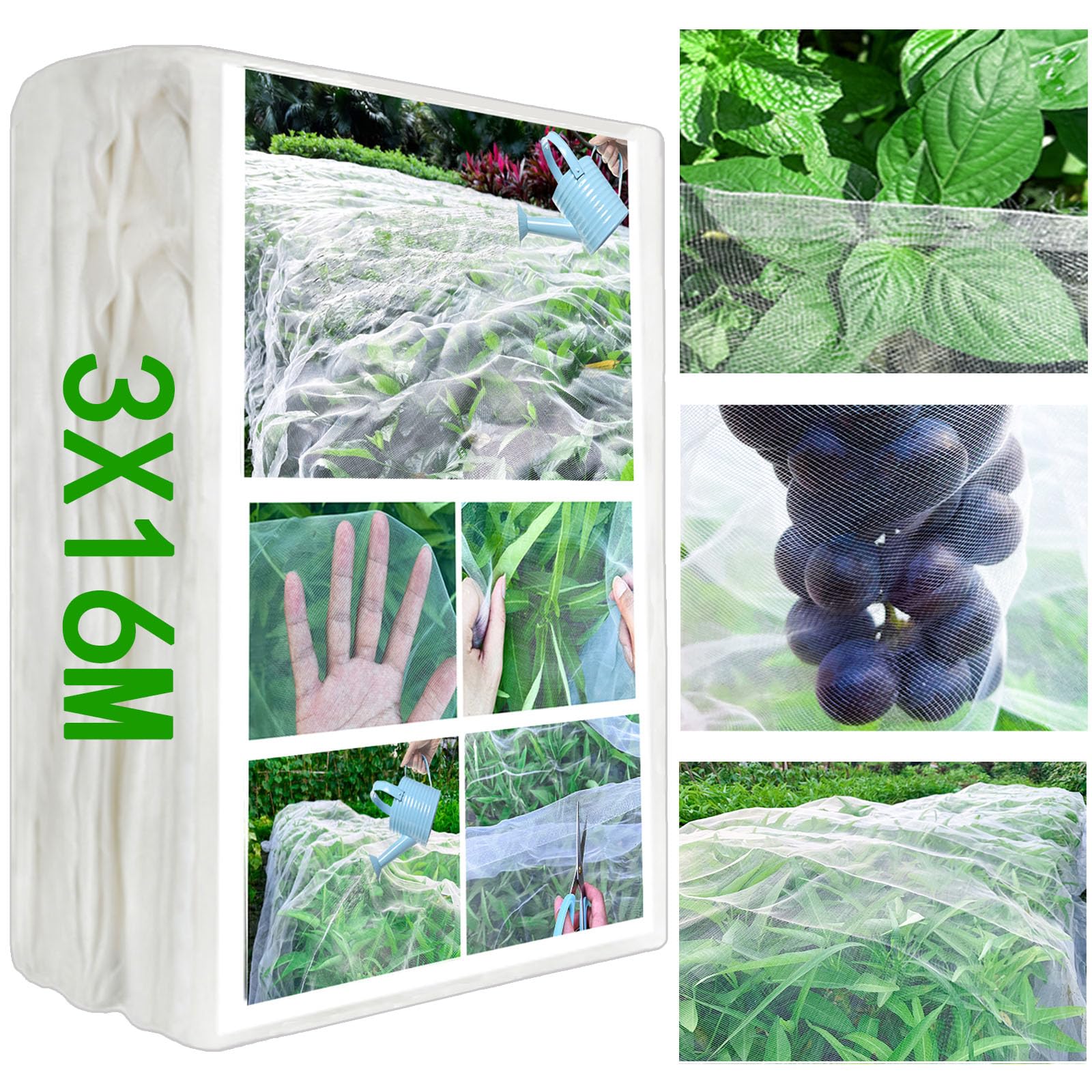 Garden Netting - 3 x 16M, Insect Netting for Veg Patch Fine Mesh, Raised Bed Plant Covers Netting, Garden Tunnel Screen Barrier Net Protect Crop Vegetable Flower From Insect Pests Birds