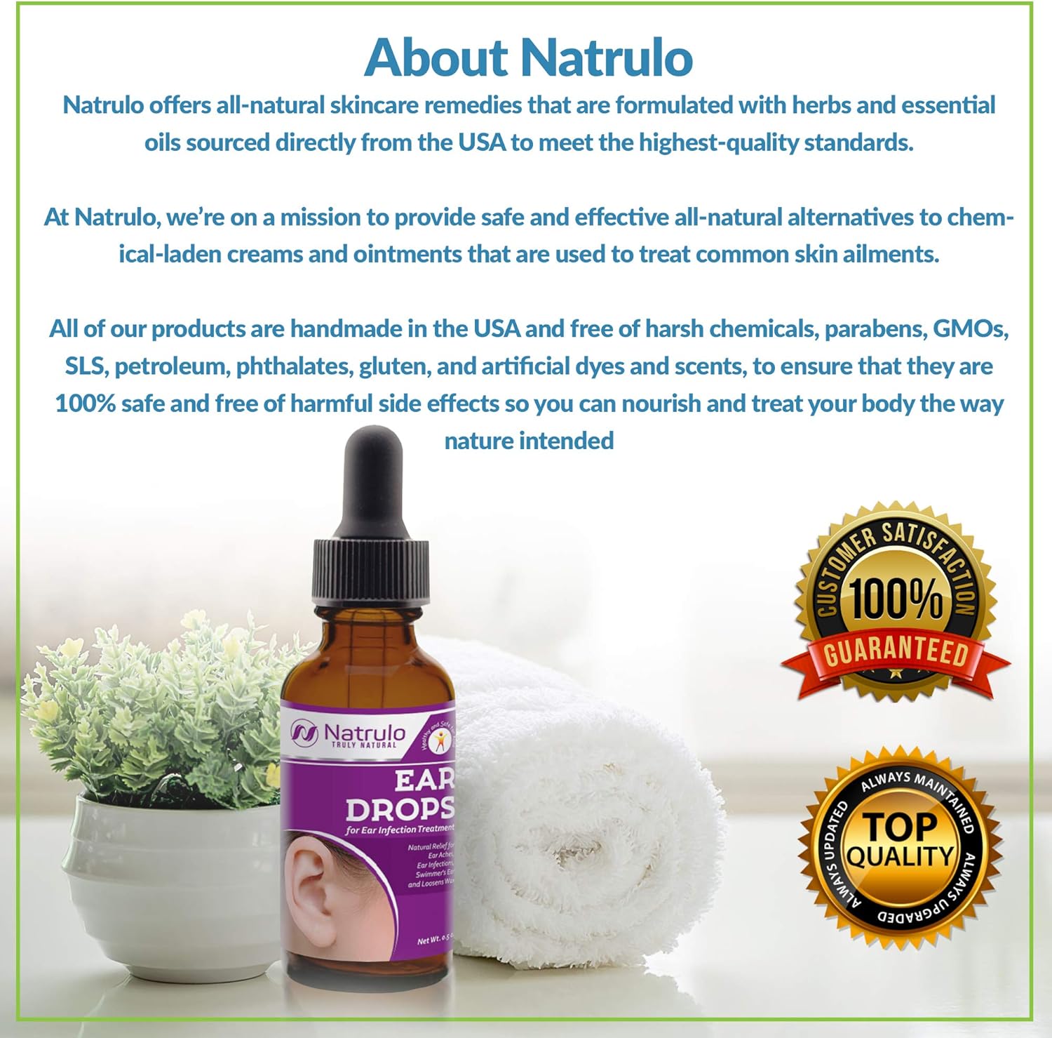 Natrulo Natural Ear Drops for Ear Infection Treatment - Homeopathic, Herbal Eardrops for Adults, Children & Pets - Relieves Ear Aches, Infections, Swimmer's Ear, Loosens Wax - Kids Safe, Made in USA: Health & Personal Care