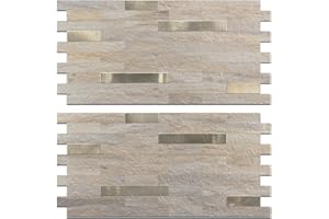 StyloVue 2 Sheets Kitchen Peel and Stick Backsplash Tiles, Beige with Metal Gold Look Stick on Backsplash for Kitchen, RV, Fi