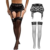 ohyeahlady Women Thigh Highs Stocking for Garter Belt Sexy Mesh Lace Plus Size Suspender with 4 Straps Metal Clips