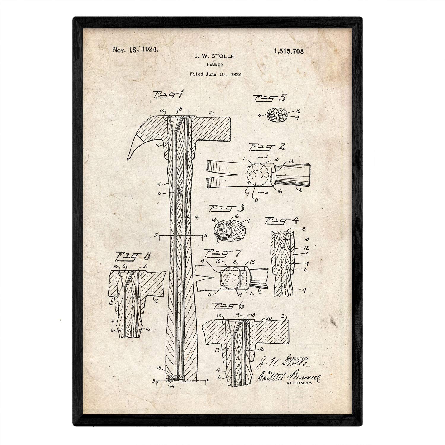 Nacnic Poster Hammer patent. Sheet with old design patent in A3 size and vintage background — image 1