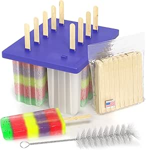 American Ice Pop Maker - Frozen Popsicle Mold Kit Moldes Para Paletas - 10 Large BPA Free Removable Plastic Molds + 50 Wood Sticks, Cleaning Brush, Healthy Kids Fruit &amp; Cream Treats(Classic-10, Blue)