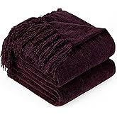 GINAMUSE Chenille Throw Blanket for Couch with Tassels,50"X60" Soft Cozy Lightweight Knitted Boho Decorative Blankets for Bed and Sofa,Aubergine
