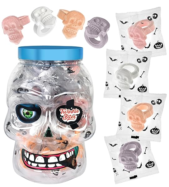 30 PACK HALLOWEEN RING CANDY – INDIVIDUALLY WRAPPED HOLIDAY THEMED SKULL CANDYS PACKED IN A SKULL JAR – TRICK OR TREAT STRAWBERRY AND TUTTI FRUTTI DELICIOUS CANDYS – BULK HALLOWEEN SUCKERS GREAT USE, FOR KIDS, TRICK OR TREAT, PARTY FAVOR, CLASSROOMS, GOODIE BAGS