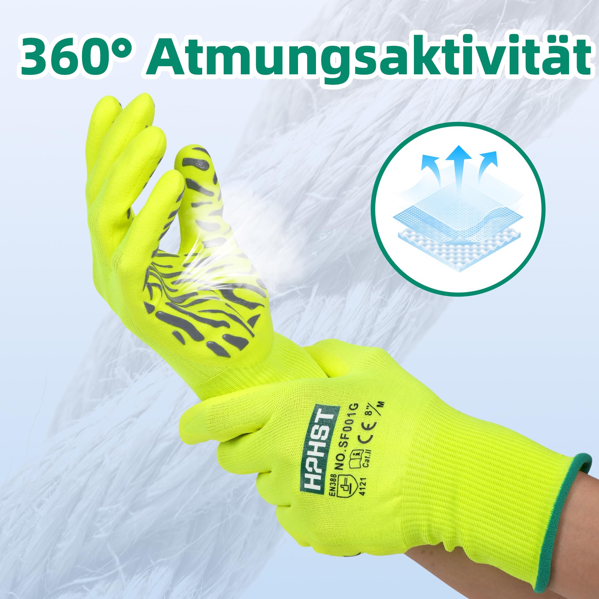 HPHST Arbeitshandschuhe, SF001G Nitril beschichtet Leicht Ölbestandig, Nahtlose Strick Nylon Schutzshandschuhe für Arbeit, Auto, Lager (Gelb 3 Paar, 9/L) 3